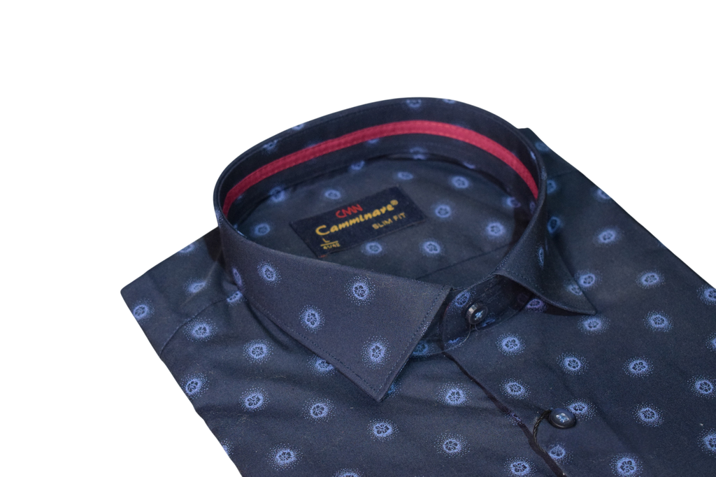 Camminare – tmavomodrá slim fit košeľa s kruhovým vzorom