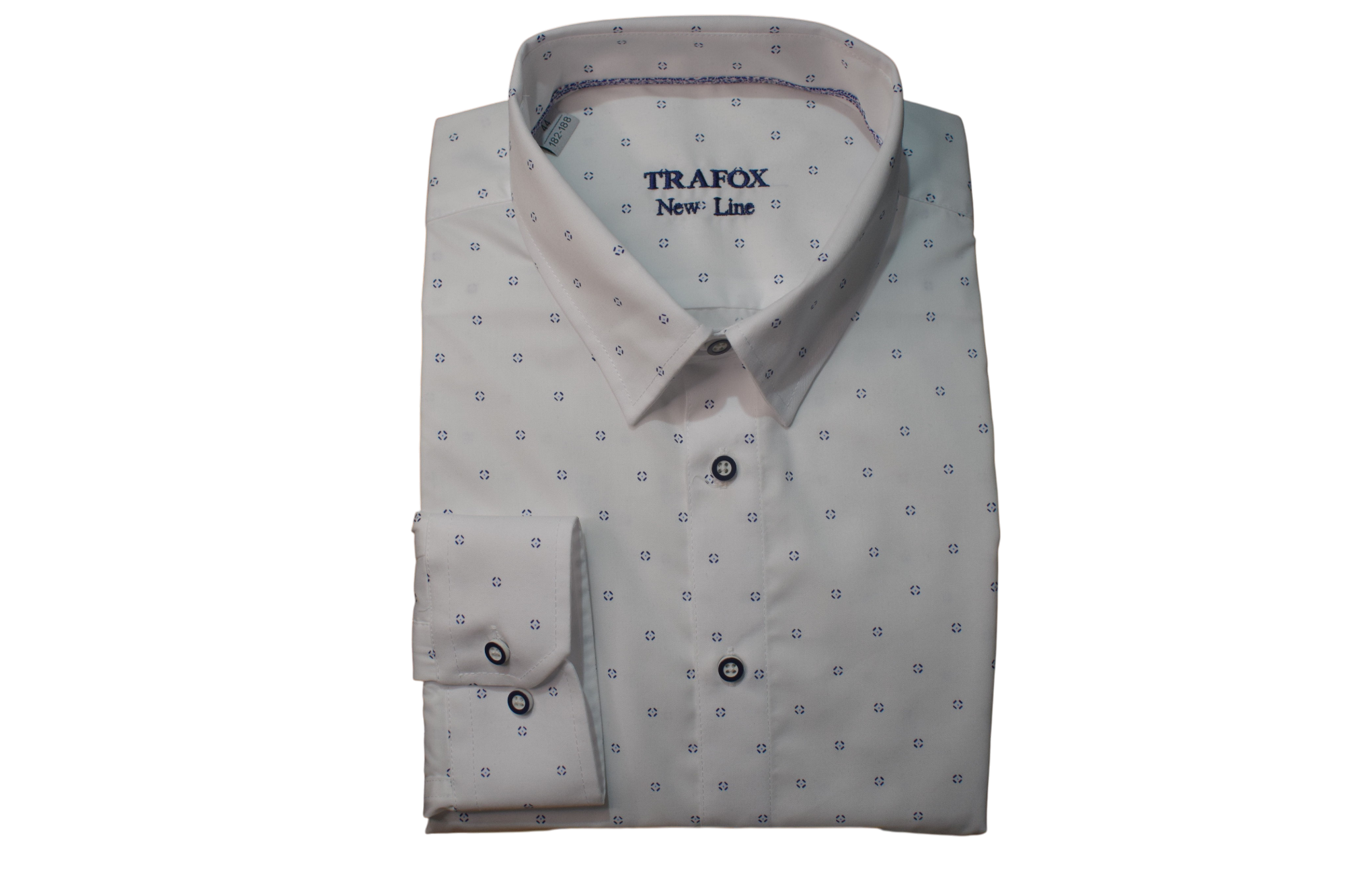 Trafox – biela košeľa s modrými geometrickými motívmi